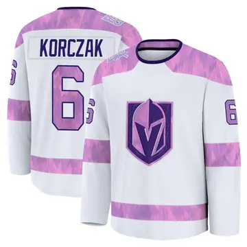 Men's Kaedan Korczak Vegas Golden Knights ＃6 Premium White 2024 Hockey Fights Cancer Practice Jersey